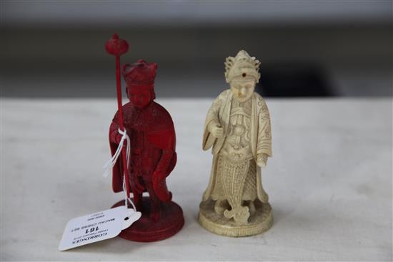 A 19th century Macau carved and stained ivory chess set, king 4.75in.